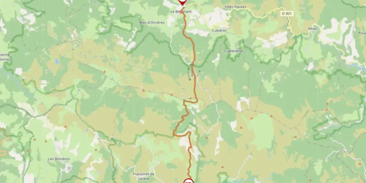 Carte du chemin de Stevenson, montrant le tracé orange traversant des paysages verdoyants et des villages comme Le Bleymard et Le Pont-de-Montvert.