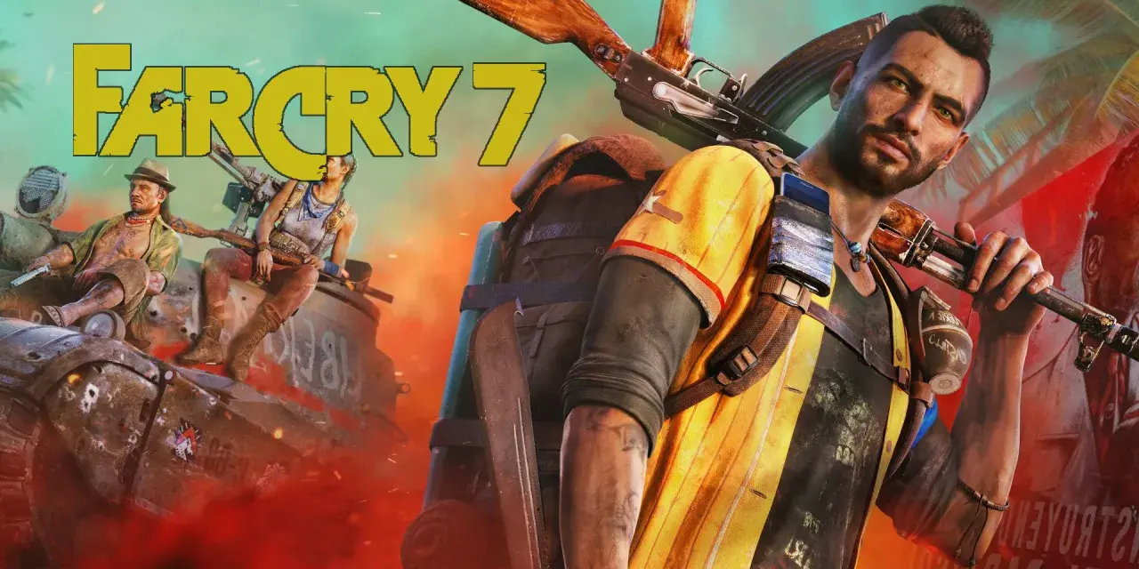 El protagonista de Far Cry 7, con un rifle al hombro, mira fijamente. Detrás, dos rebeldes en un tanque, listos para la acción.