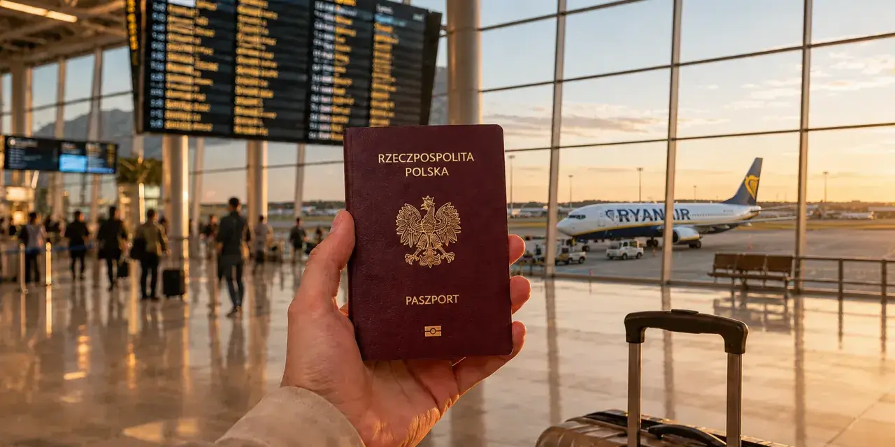 Polska walizka i paszport czekają na lotnisku na podróż. Samolot Ryanair gotowy do startu.