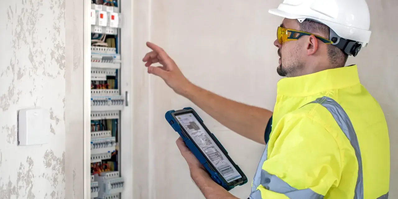 Elektryk w kasku i kamizelce odblaskowej sprawdza rozdzielnicę elektryczną na tablecie.