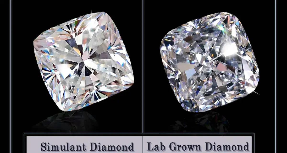 Two cushion-cut diamonds are shown side-by-side. The left is labeled "Simulant Diamond," the right "Lab Grown Diamond.