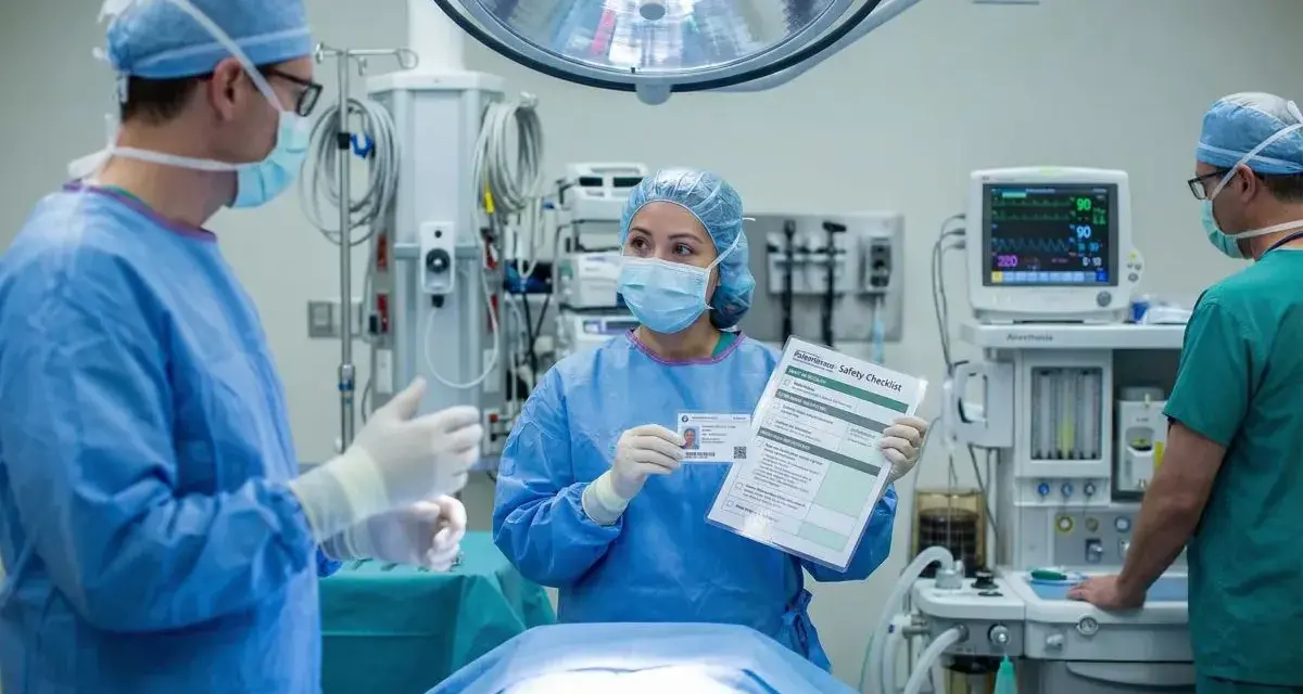 Zespół medyczny na bloku operacyjnym omawia checklistę bezpieczeństwa. Dodatek za pracę na bloku operacyjnym jest kluczowy dla bezpieczeństwa pacjenta.