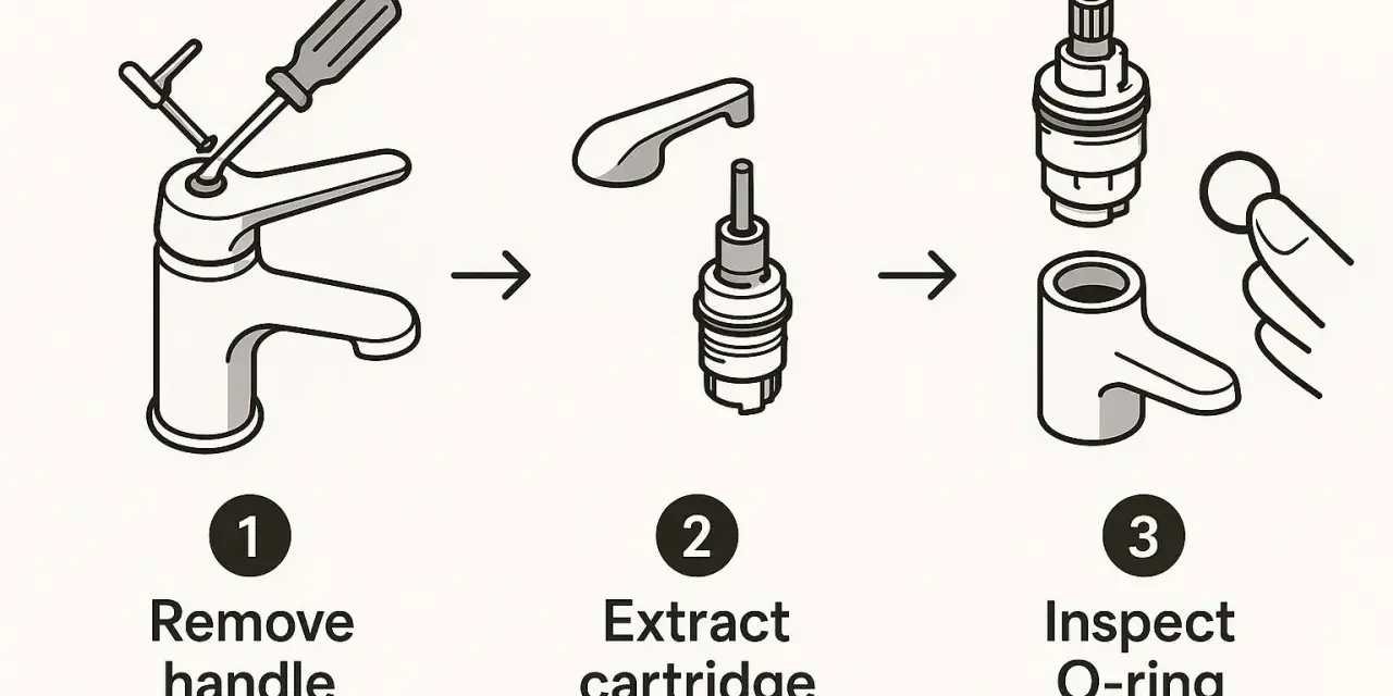 Diagram shows how to fix shower faucet: remove handle, extract cartridge, inspect O-ring.