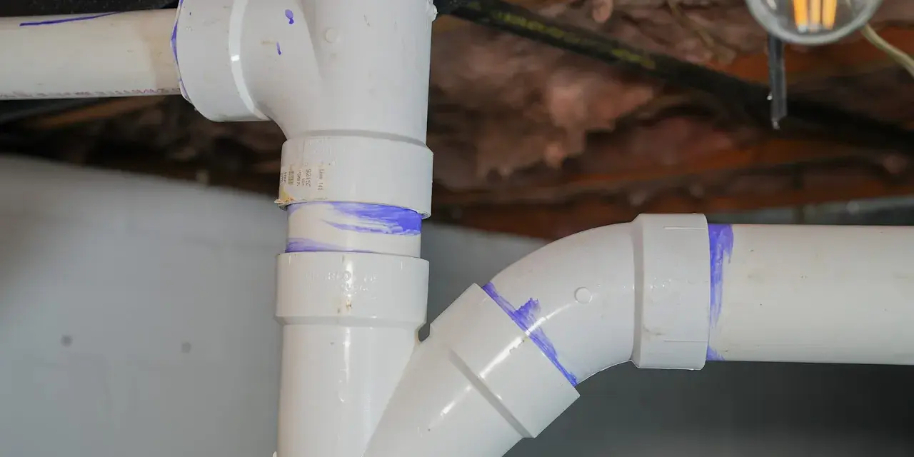 Close-up of various PVC pipe types, showing a vertical pipe connected to a horizontal pipe with a curved fitting, all marked with purple solvent cement.