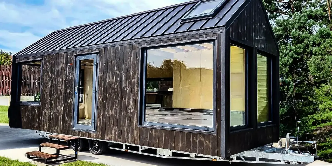 Nowoczesny tiny house w Polsce, z ciemną drewnianą elewacją i dużymi oknami, gotowy na przygodę.