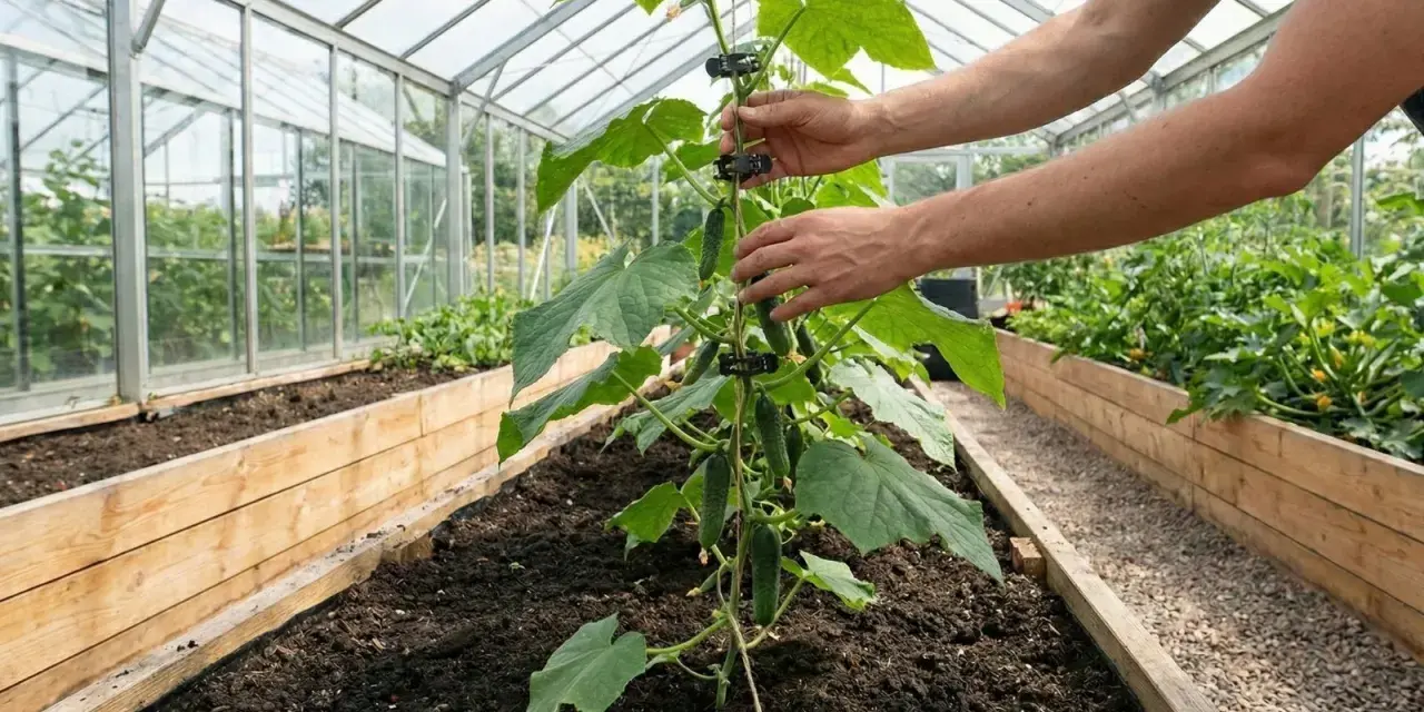 Händer som fäster en gurkplanta vid en stör i ett växthus. Det är en fin dag att odla gurka.