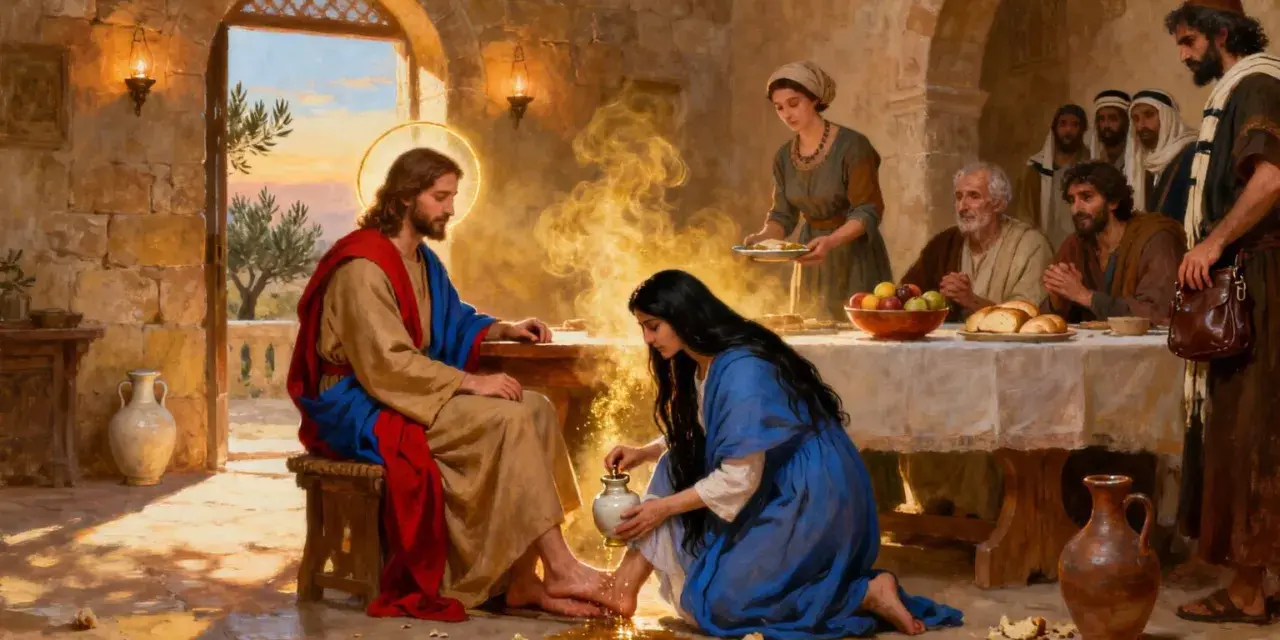 Maria salbt Jesu Füße, wie in Johannes 12 beschrieben. Ein Akt der Liebe und Hingabe.