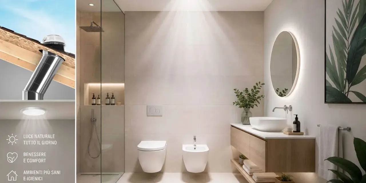 Bagno cieco illuminato da un lucernario, che porta luce naturale per un ambiente più sano e confortevole.