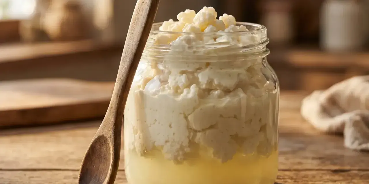 Grains de kéfir dans un bocal en verre, prêts à être utilisés pour préparer des aliments fermentés. Une cuillère en bois repose à côté.