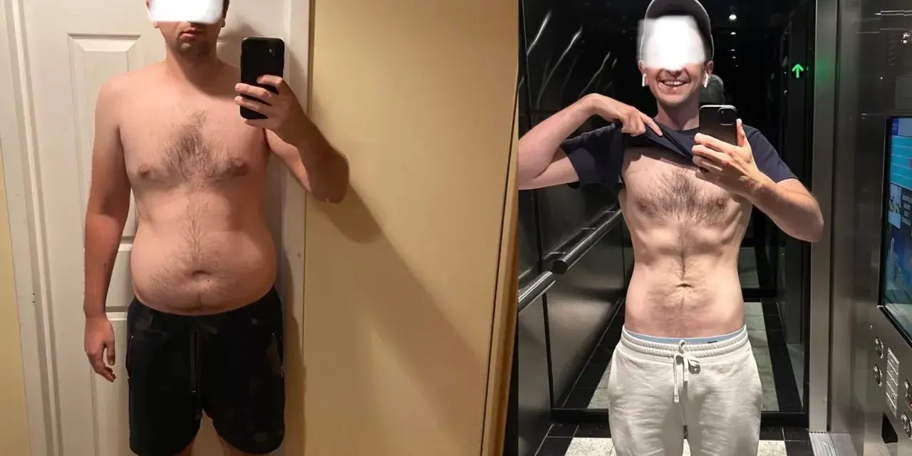 Före- och efterbilder visar en man som gått ner i vikt. Efter en 72 timmars fasta syns tydlig skillnad på magen.