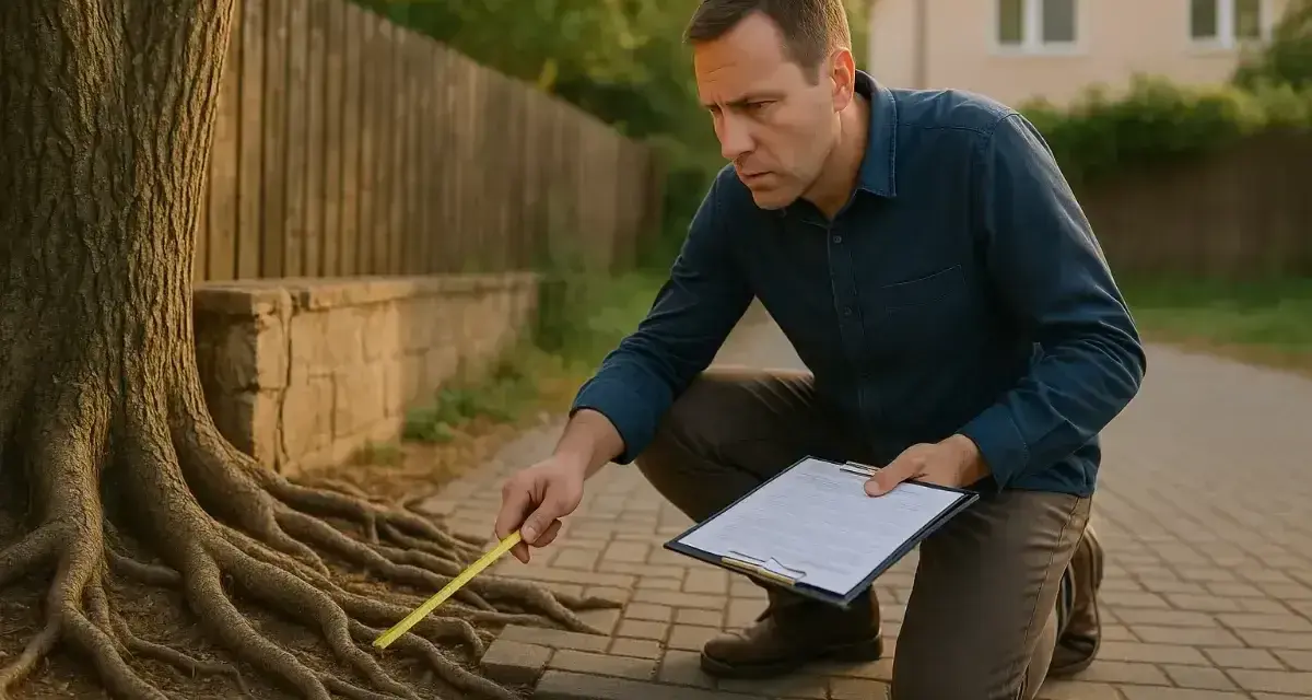 Mężczyzna mierzy korzenie drzewa, które weszły na moją działkę. Sąsiada drzewo przewróciło się na moją działkę.