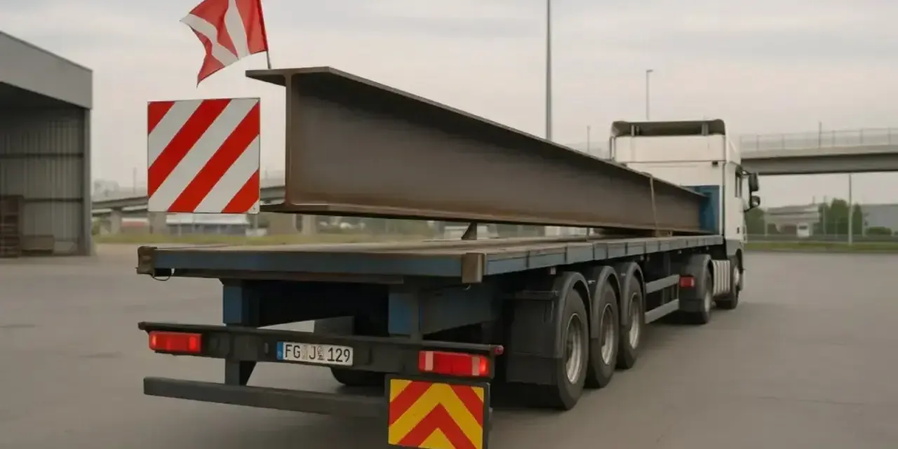 Długi profil stalowy wystaje daleko poza naczepę ciężarówki, oznaczony flagą i tablicami ostrzegawczymi.
