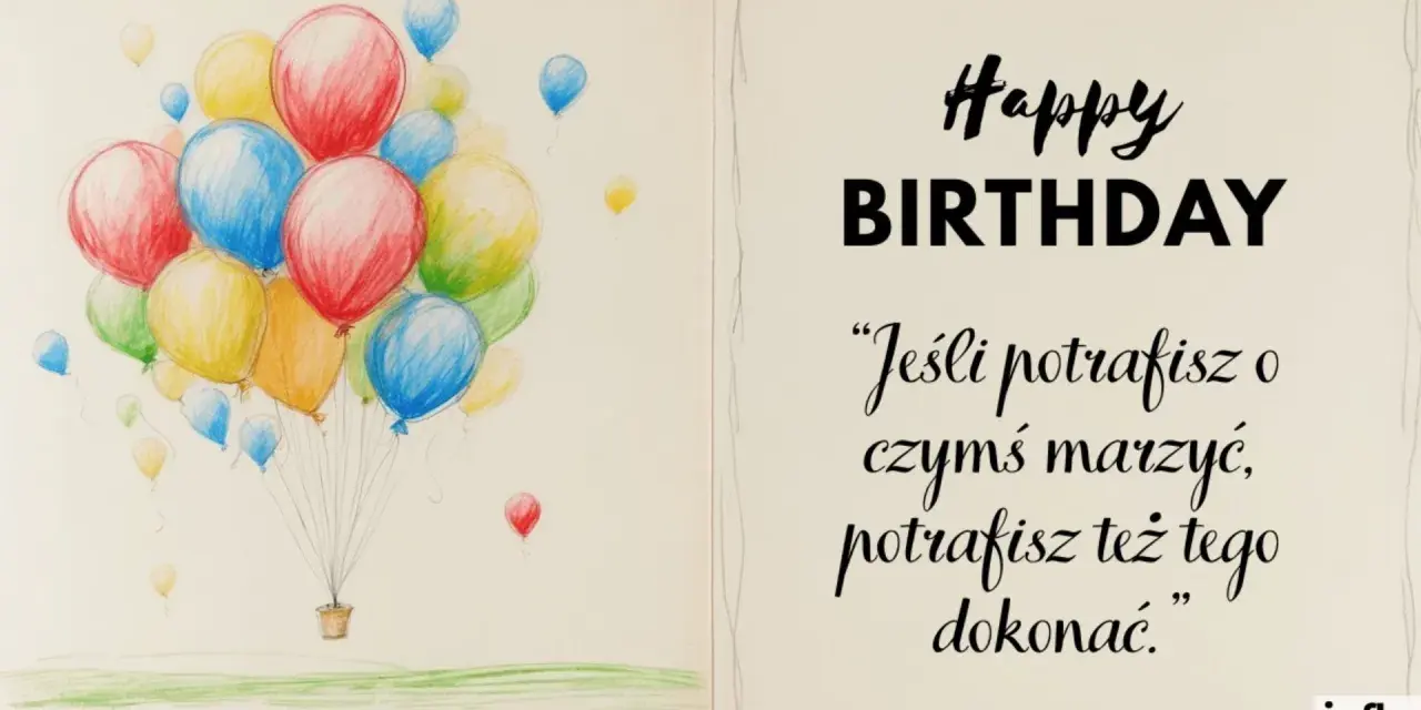 Balony unoszą się w powietrzu, towarzysząc życzeniom "Happy Birthday". Cytaty na urodziny przypominają, że marzenia się spełniają.