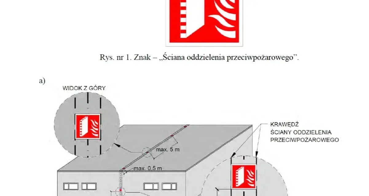 Schemat przedstawia umiejscowienie znaku "ściana oddzielenia przeciwpożarowego" na budynku. Kanał wywiewny przez ścianę na zewnątrz jest zaznaczony.