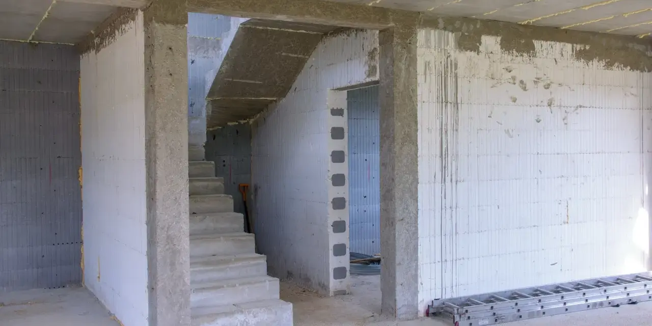Wnętrze w budowie, betonowe schody, otwór pod drzwi 80, ściany z bloczków, drabina.