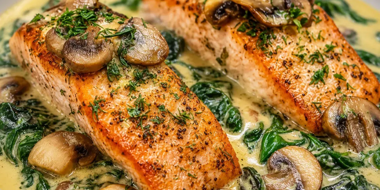Två saftiga laxfiléer serveras i en krämig sås med spenat och champinjoner. En härlig fiskgryta med potatis som tillbehör.
