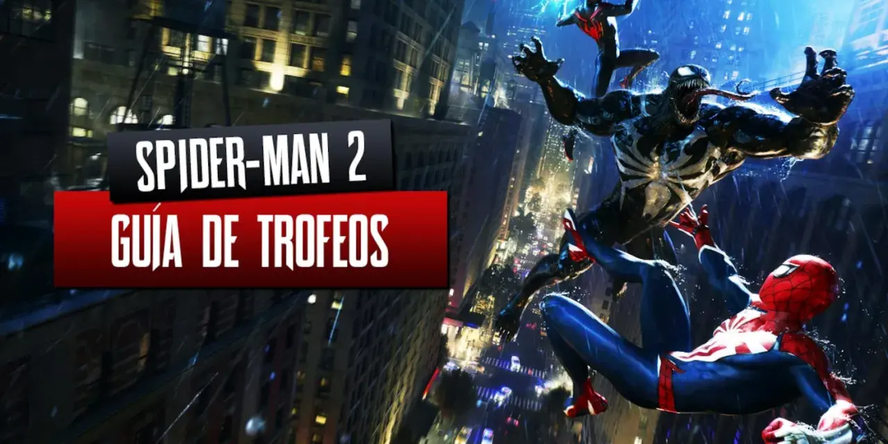 Spider-Man 2: Guía de Trofeos. Venom y Miles Morales luchan contra Spider-Man en la ciudad, buscando trofeos ocultos.