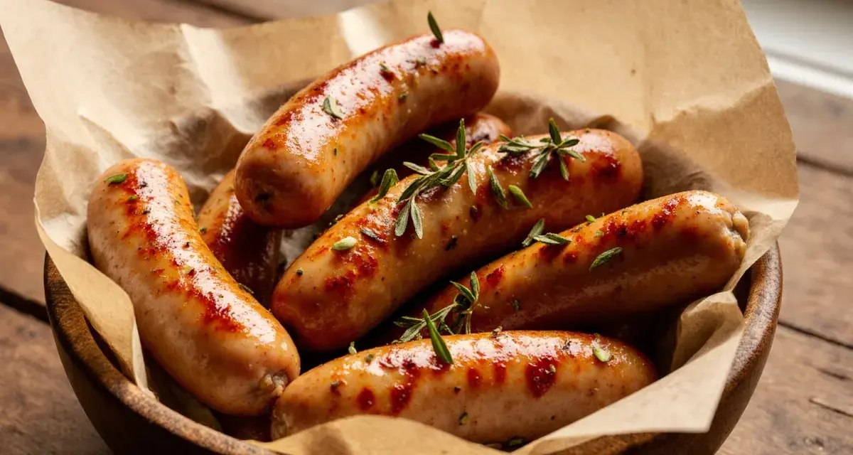 Saftige bratwurst im airfryer, goldbraun und mit Rosmarin garniert, serviert in einer Holzschale auf rustikalem Untergrund.