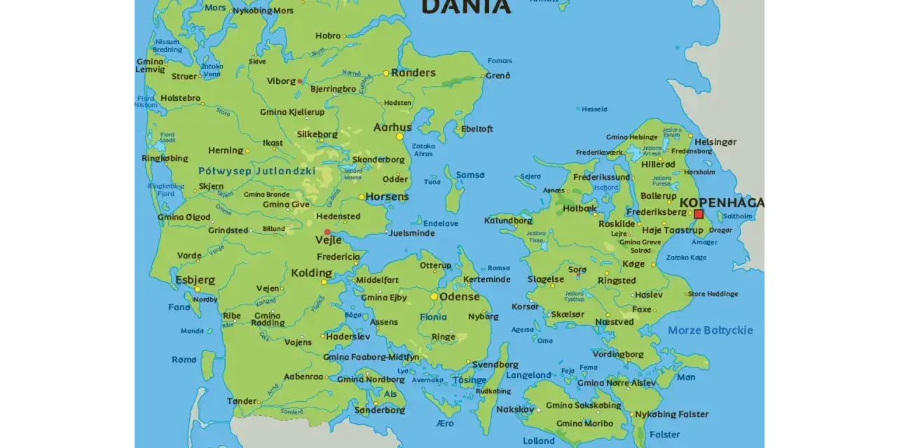 Mapa Danii z zaznaczoną Kopenhagą. Gdzie jest Kopenhaga? Na wschodnim wybrzeżu, na wyspie Zelandia.