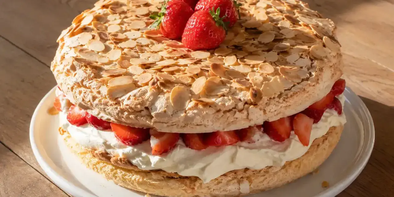 En Pinocchiotårta med lemoncurd, vispgrädde och färska jordgubbar, toppad med mandelspån.