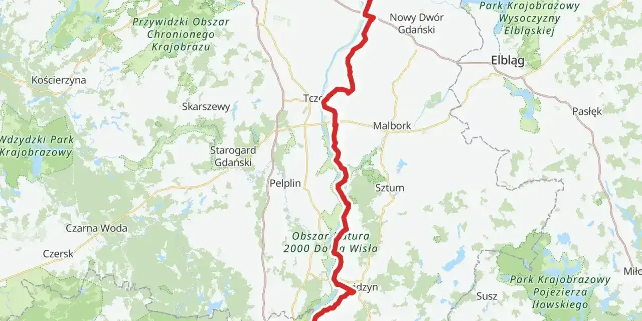 Mapa z zaznaczonymi trasami rowerowymi Wisła, od Gdańska przez Malbork po okolice Jezioraka.