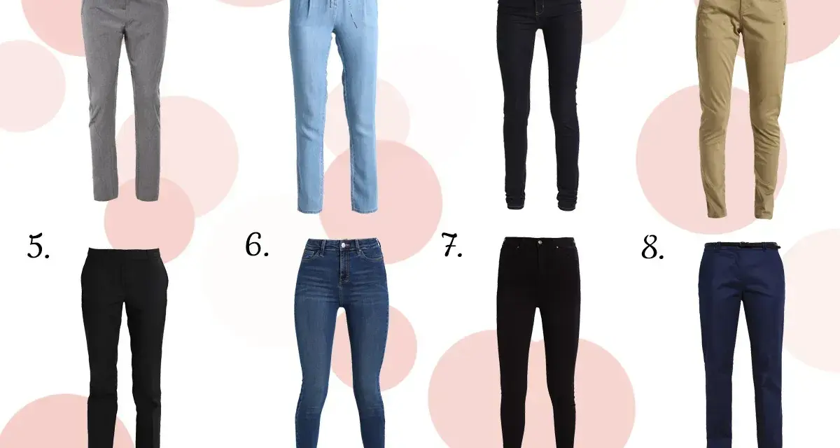Osiem par spodni: szare w kratkę, błękitne jeansy, czarne rurki, beżowe chinosy, czarne eleganckie, niebieskie jeansy, czarne skinny, granatowe. Jaki to rozmiar?