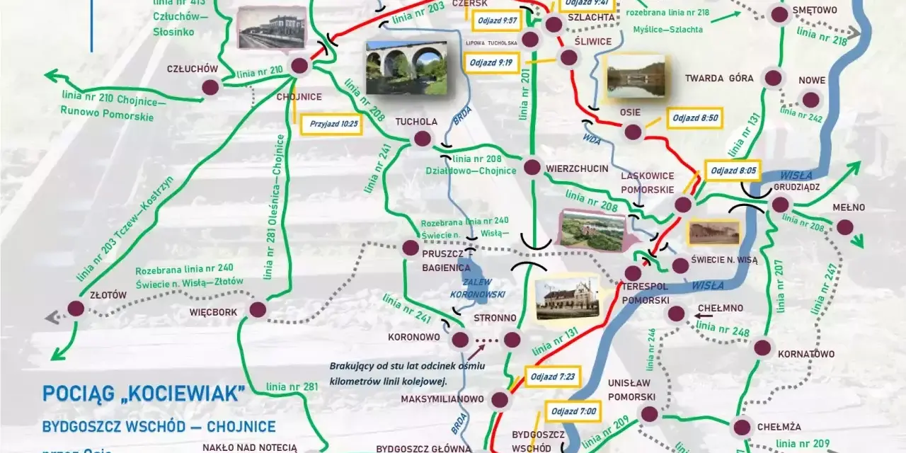 Mapa kolejowa z trasą pociągu "Kociewiak" Bydgoszcz Wschód - Chojnice przez Osie. Widoczne stacje i linie kolejowe.