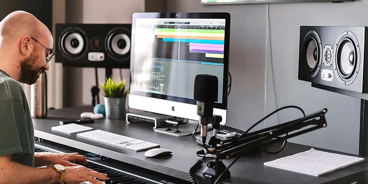 Producent muzyczny gra na pianinie w studiu, otoczony sprzętem, w tym monitorami studyjnymi EVE Audio SC307.