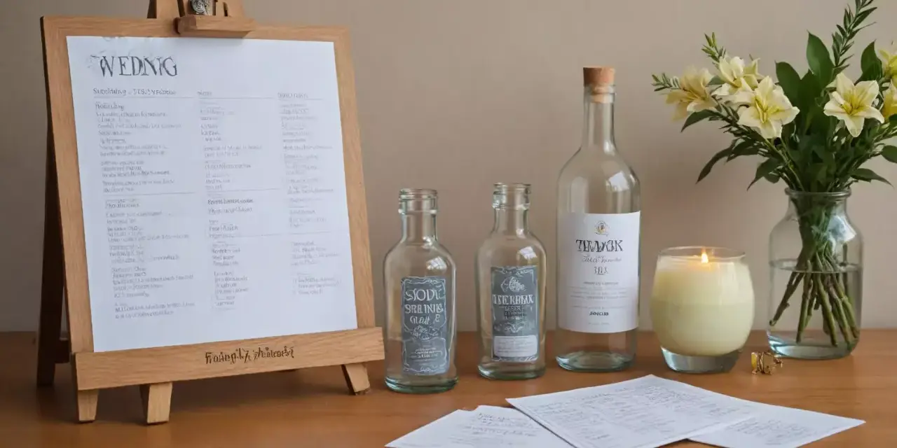 Planowanie wesela: ile wódki na wesele? Na stole butelki, świeca i bukiet kwiatów, obok lista gości i menu.