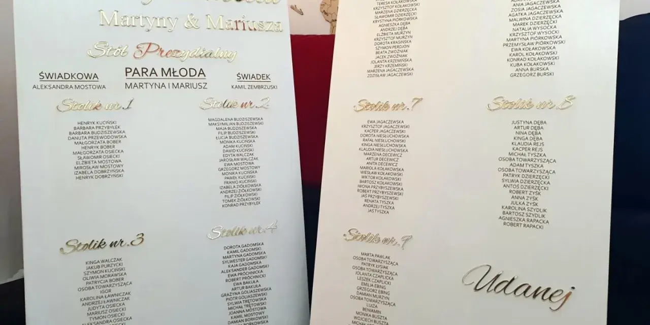 Jak przygotować stylowy plan stołów na lustrze lub szkle akrylowym: złote napisy z listą gości na eleganckim planie weselnym.