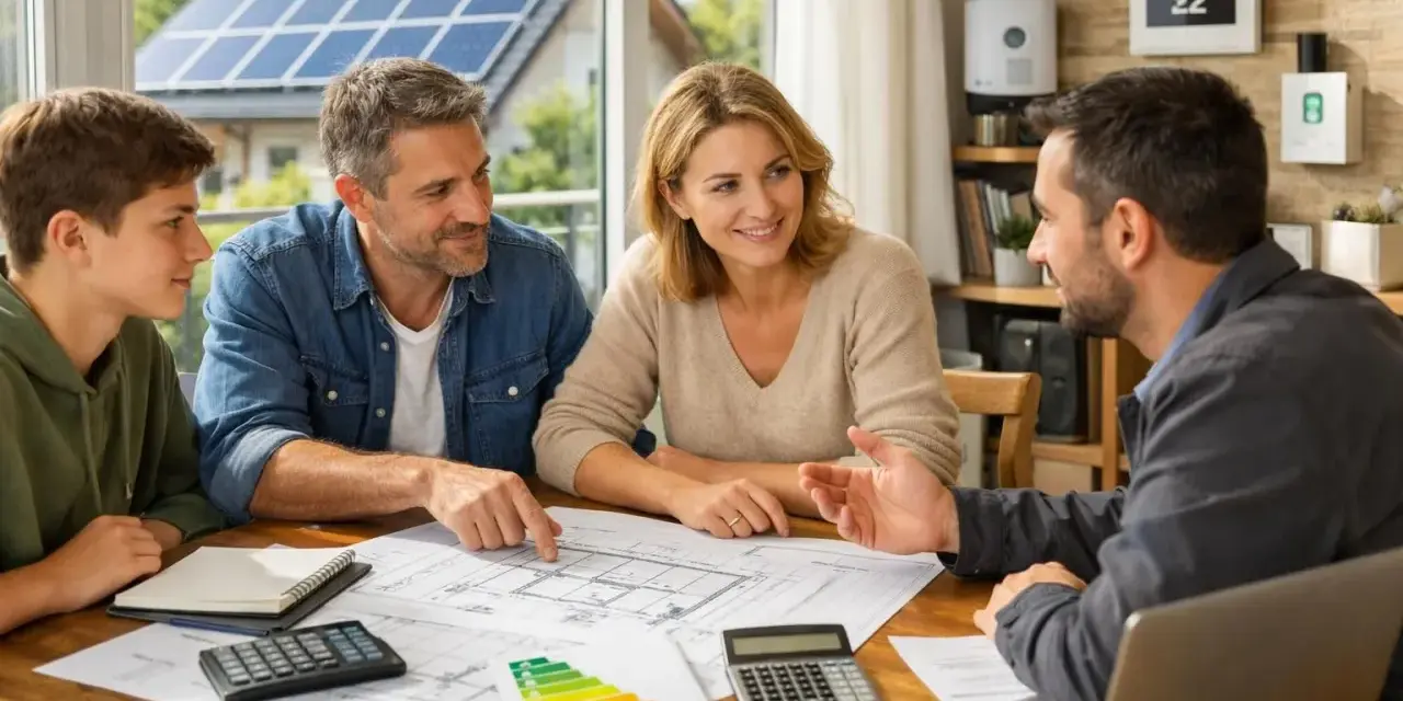 Une famille discute d'un projet de rénovation avec un conseiller. Ils examinent des plans et des calculs, visant un **prêt vert** pour des travaux écologiques.