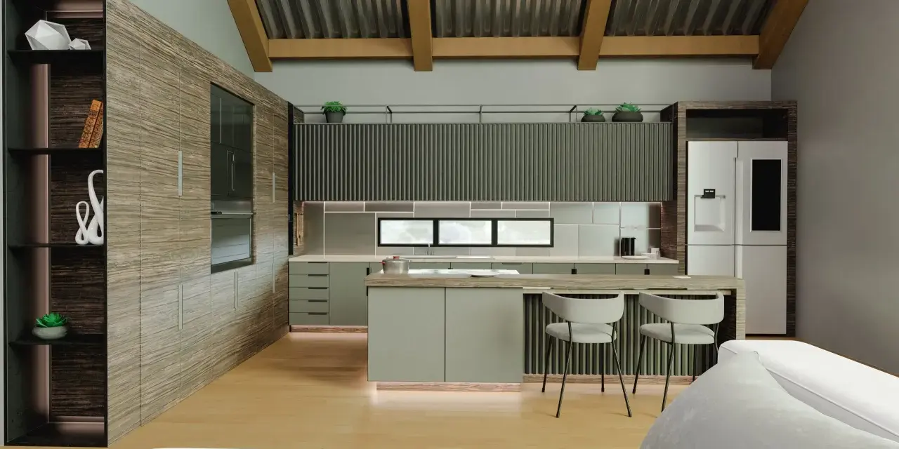 Cocinas modernas con tonos verdes y madera, un diseño elegante y funcional.