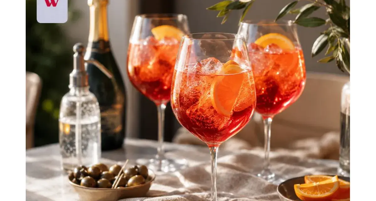 Idealny Campari Spritz przepis na letnie popołudnie. Trzy kieliszki pełne orzeźwiającego drinka z pomarańczą i lodem.