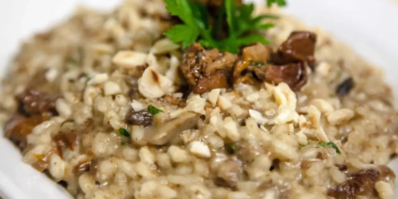 Cremoso risotto de boletus con trozos de champiñones, nueces picadas y perejil fresco.
