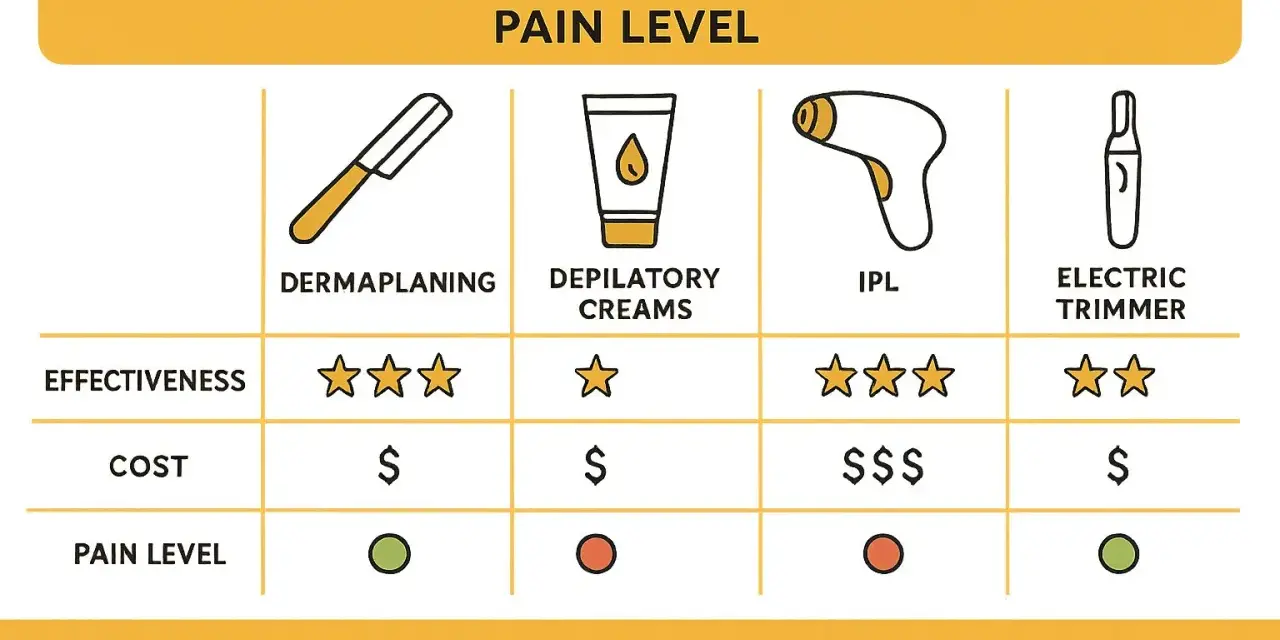 Comparing facial hair removal alternatives to laser: Dermaplaning, depilatory creams, IPL, and electric trimmers, rated by effectiveness, cost, and pain.