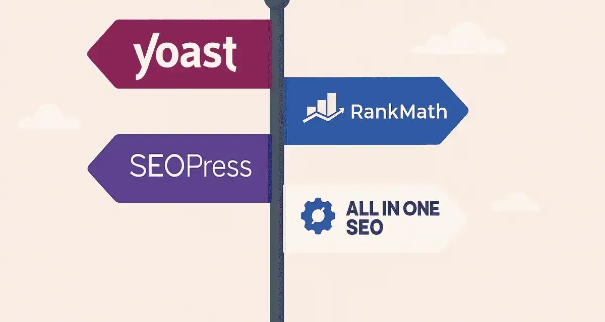 Panneau directionnel présentant les options pour le meilleur plugin SEO WordPress : Yoast, SEOPress, RankMath et All in One SEO.