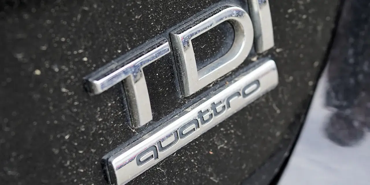 Emblematy TDI i Quattro na zakurzonym czarnym lakierze samochodu.