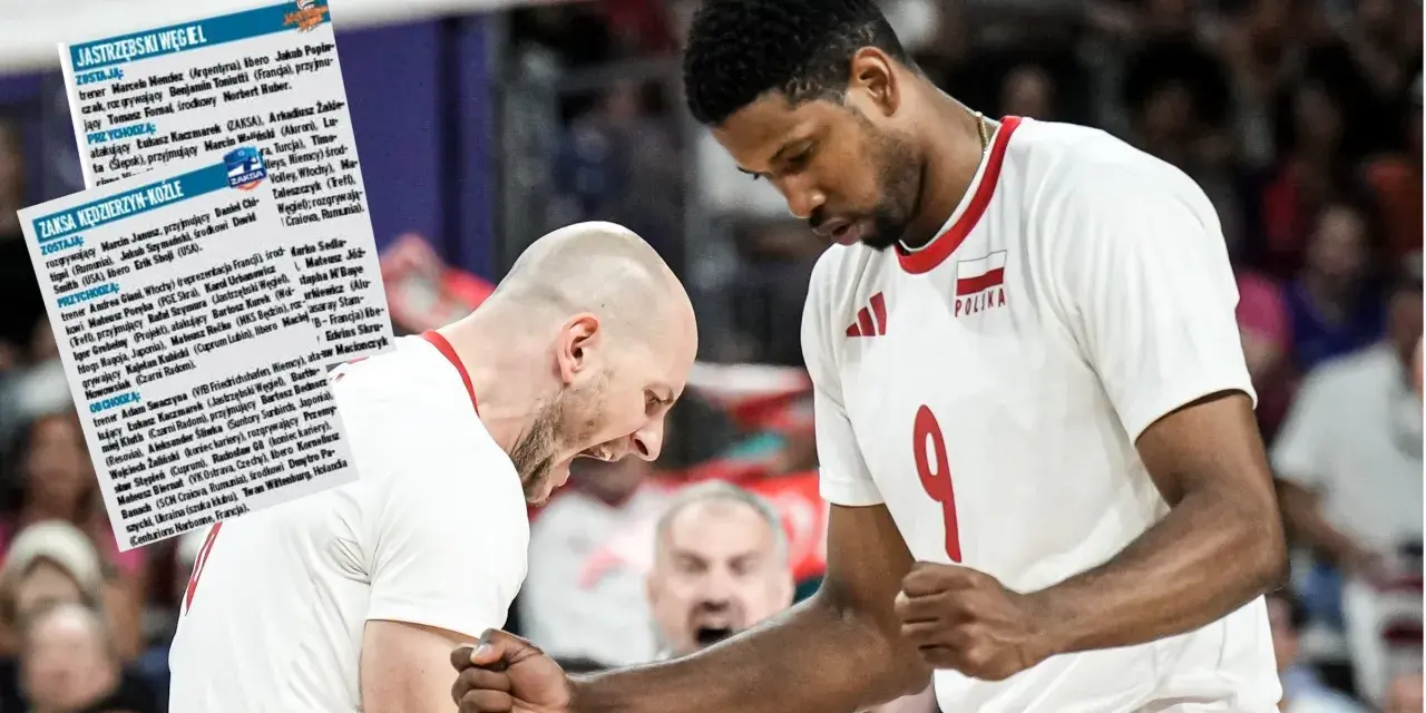 Daniel Stępień, siatkarz w białej koszulce z numerem 9 i godłem Polski, świętuje z kolegą z drużyny.