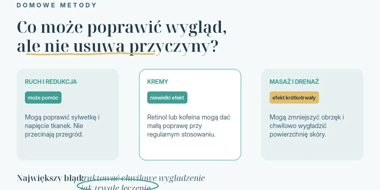 Domowe metody na cellulit: ruch, kremy i masaż poprawiają wygląd, ale nie usuwają przyczyny. Trwałe leczenie jest kluczowe.