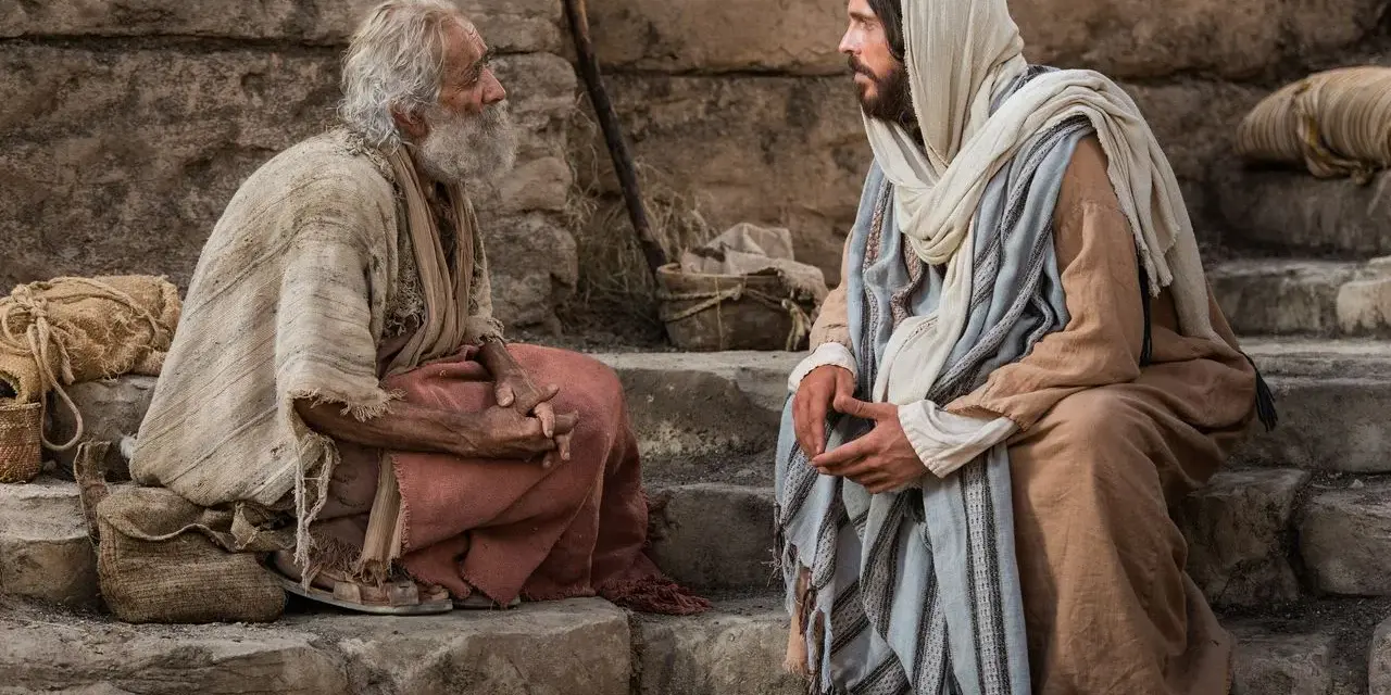 Jesus Christus im Gespräch mit einem älteren Mann auf Steinstufen.