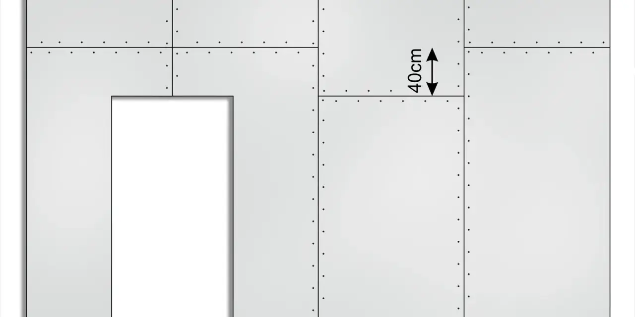 Schemat ściany z podwójnym płytowaniem gk, z zaznaczonym otworem drzwiowym i wymiarem 40cm.
