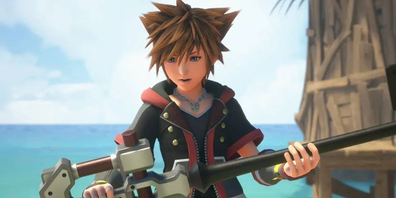 Sora, protagonista de la guía Kingdom Hearts 3, sostiene su Keyblade en una playa tropical.