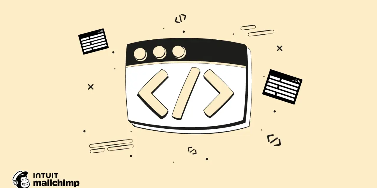 Webseite mit HTML-Tags und Code-Symbolen.