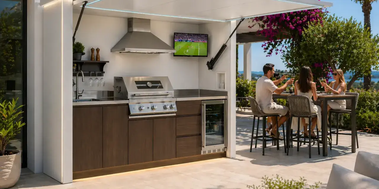 Idéal pour fabriquer un coin barbecue couvert : une cuisine extérieure moderne avec grill, évier, frigo et TV, où trois amis trinquent sous un auvent rétractable.