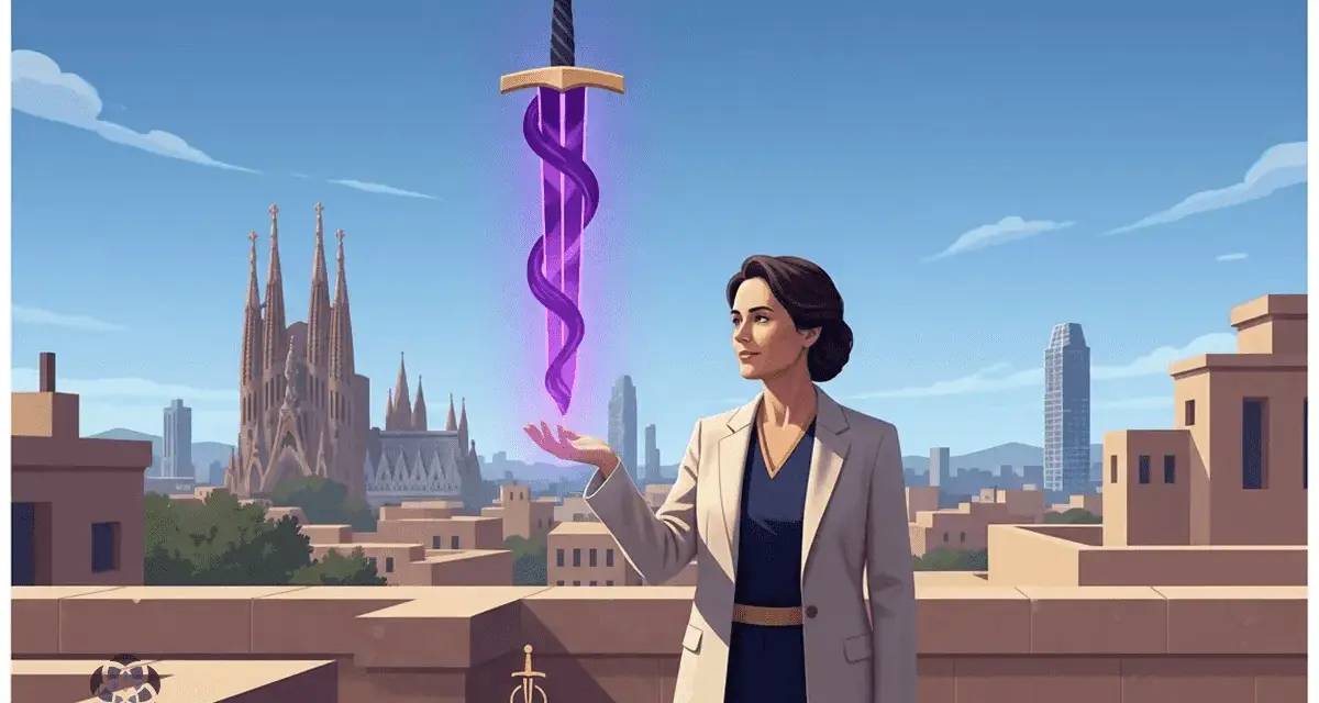 Una mujer con un traje beige levanta su mano, invocando un brillante as de espadas morado sobre un tejado con la Sagrada Familia al fondo.