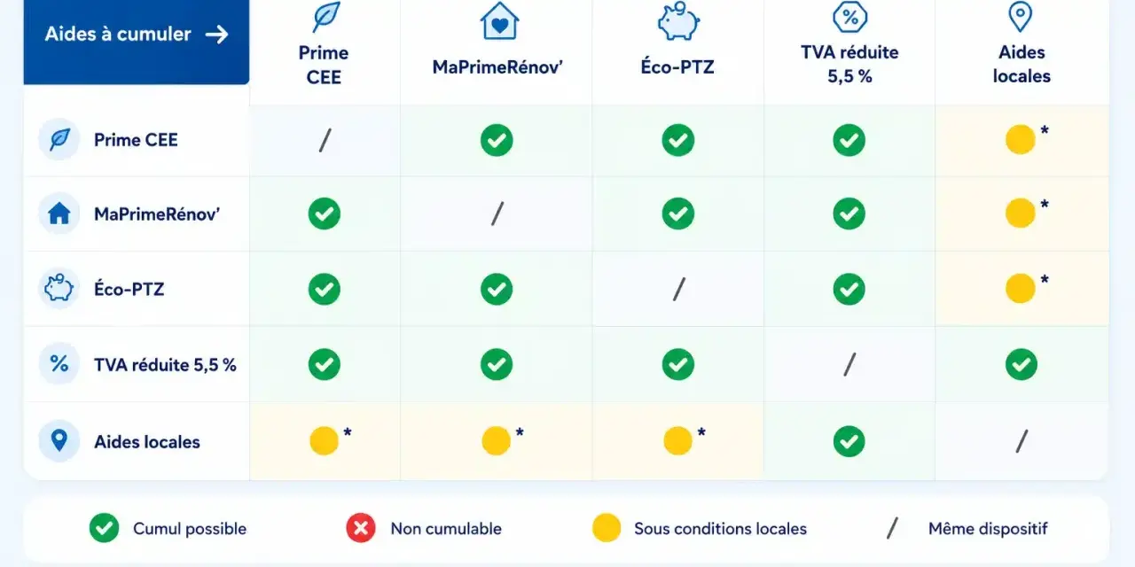 Tableau comparatif des aides cumulables avec les CEE, MaPrimeRénov', Éco-PTZ, TVA réduite et aides locales.
