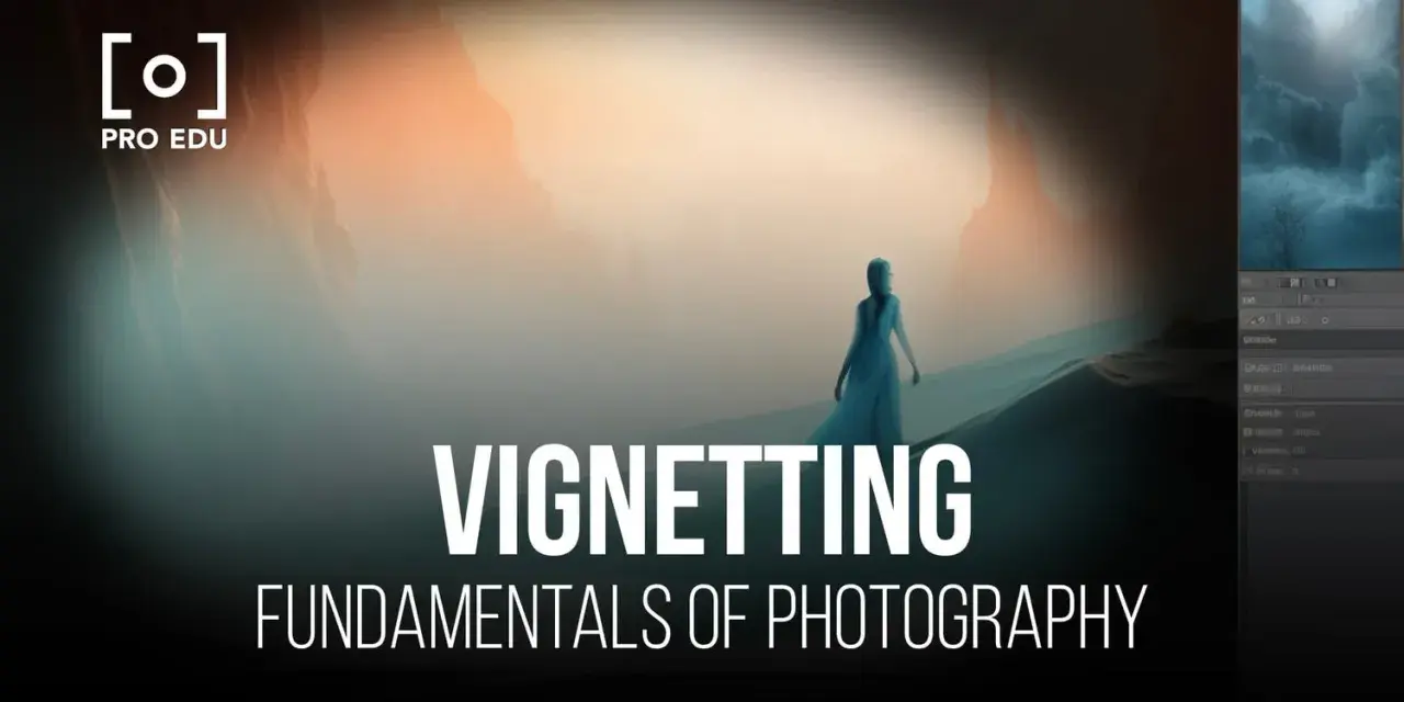 Une femme en robe bleue marche dans un paysage brumeux, le texte "Vignetting" et "Fundamentals of Photography" est superposé.