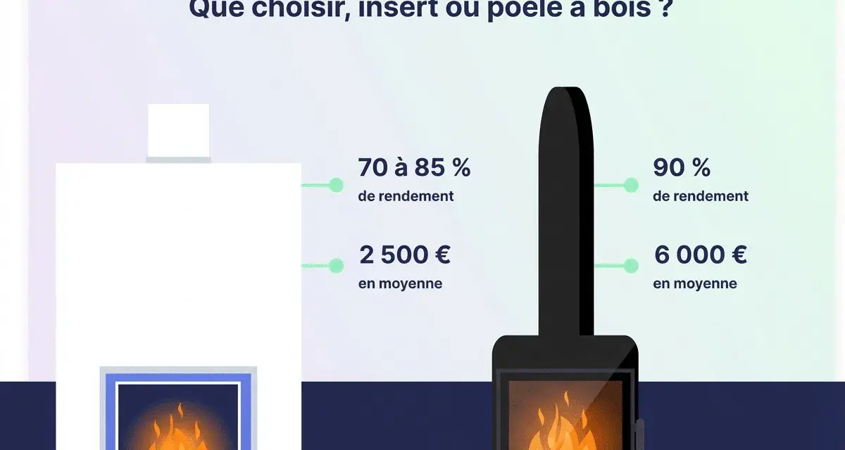 Comparaison entre un insert et un poêle à bois : rendement et coût. Le poêle à bois offre un meilleur rendement.