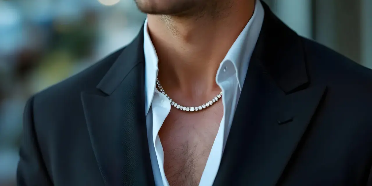 Mężczyzna w czarnym garniturze i białej koszuli, z diamentowym naszyjnikiem. Styl glamour moda męska.
