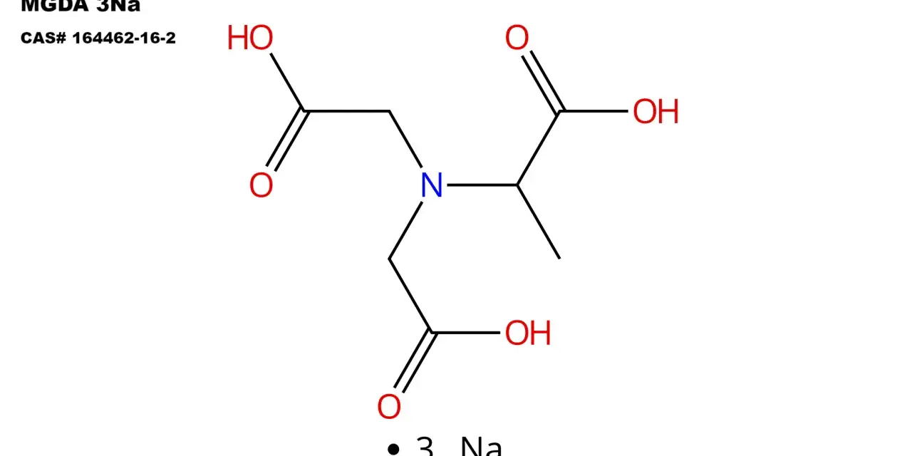 Struttura chimica del trisodium ethylenediamine disuccinate (MGDA 3Na), un agente chelante.